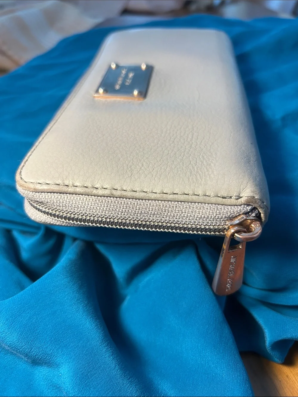 Michael Kors Cream Pebbled Leather Zip-Around Wallet with Gold Plate